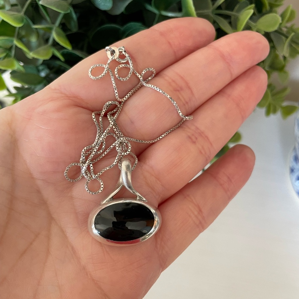 Estate Vintage Mexico oval Onyx Sterling Silver 925 Pendant Necklace
